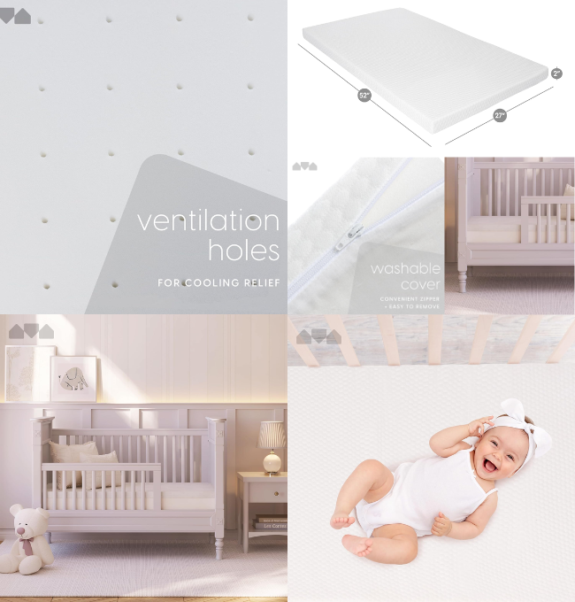 Milliard 2-Inch Ventilated Memory Foam Crib and Toddler Bed Mattress Topper with Removable Waterproof 65-Percent Cotton Non-Slip Cover - 52