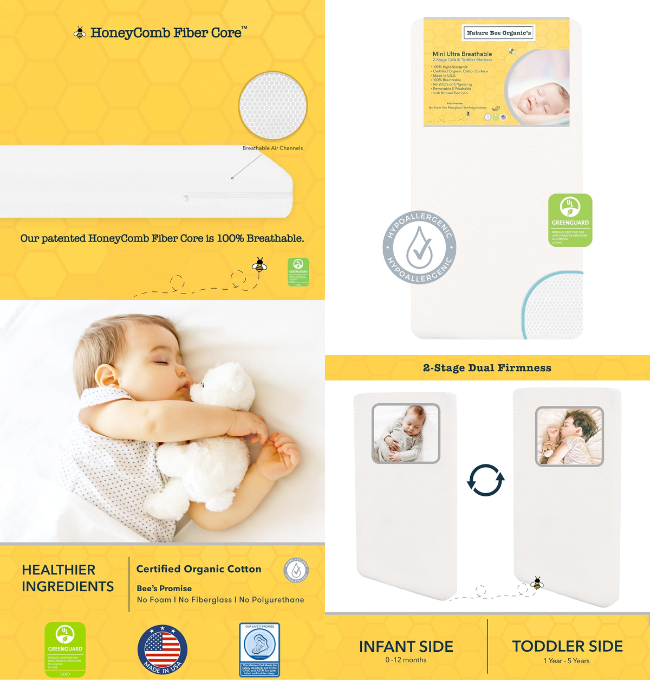 Nature Bee Organic's Breathable 2-Stage Mini Crib & Toddler Mattress I 100% Breathable I GreenGuard Gold Certified I 100% Hypoallergenic