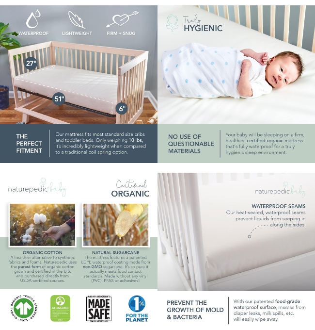 Naturepedic Organic Baby Crib Mattress - 2-Stage Lightweight Infant & Toddler Mattress - Waterproof Baby Bed Mattress for Crib - Non-Toxic Mattress for Baby and Toddler Bed - 52