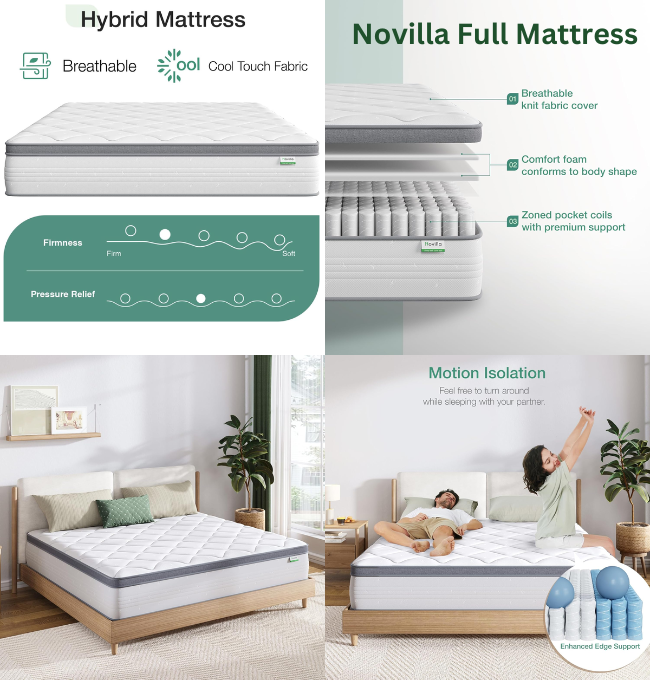 Novilla Full Size Mattress, 12 Inch Hybrid Mattress Full with comfort Foam, Innerspring Full Size Mattress in a Box, Mattress Full Size Bed for Pressure & Pain Relief, Medium Firm Feel