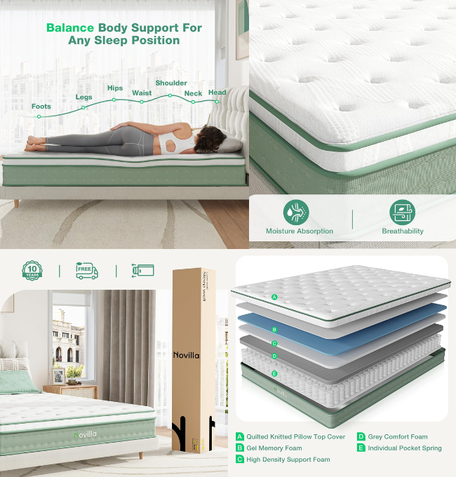 Novilla Full Mattress, 10 Inch Hybrid Mattress in a Box, High Resilience Foam with Pocket Springs for a Peaceful Sleep, Pillow Top Full Size Mattress, Knitted Cover & Balanced Support