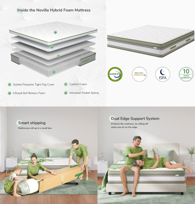 Novilla Queen Mattress, 12 Inch Hybrid Pillow Top Queen Size Mattress in a Box with Gel Memory Foam & Individually Wrapped Pocket Coils Innerspring for a cozy & Peaceful Sleep