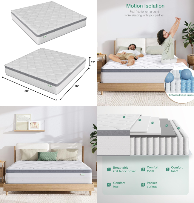 Novilla King Mattress, 12 Inch Hybrid Mattress King with comfort Foam, Innerspring Pillow Top King Mattress in a Box, King Size Mattress for Pressure & Pain Relief, Soft Feel but Supportive