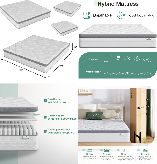 Novilla King Size Mattress, 10 Inch Hybrid King Mattress in a Box, Pocket Innerspring Hybrid Mattress King for Motion Isolation, Pressure Relief & Enhanced Edge Support, Medium Firm Feel