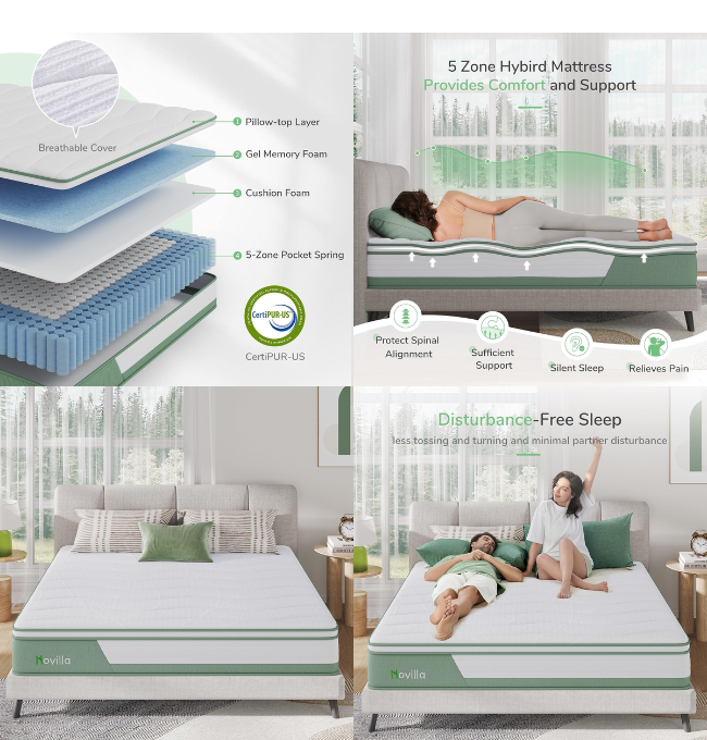 Novilla Mattress King, 12 Inch 5-Zone Hybrid Mattress with Gel Memory Foam for Pressure Relief & Cool Night, Midume Firm King Bed Mattress in A Box