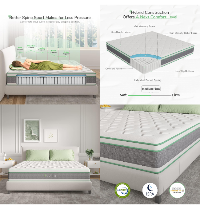 Novilla Queen Mattress, 12 Inch Hybrid Mattress in a Box, Innerspring Mattress with Gel Memory Foam for a Cool Sleep, Pressure Relief, Medium Firm Pillow Top Mattress, Groove