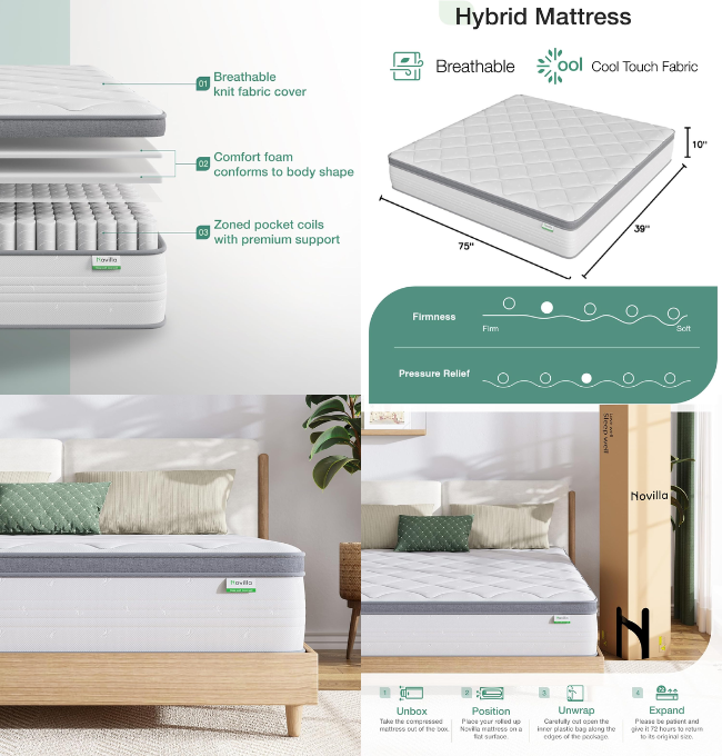 Novilla Queen Mattress, 12 Inch Hybrid Mattress Queen with comfort Foam,Innerspring Pillow Top Queen Mattress in a Box, Queen Size Mattress for Pressure & Pain Relief, Soft Feel but Supportive