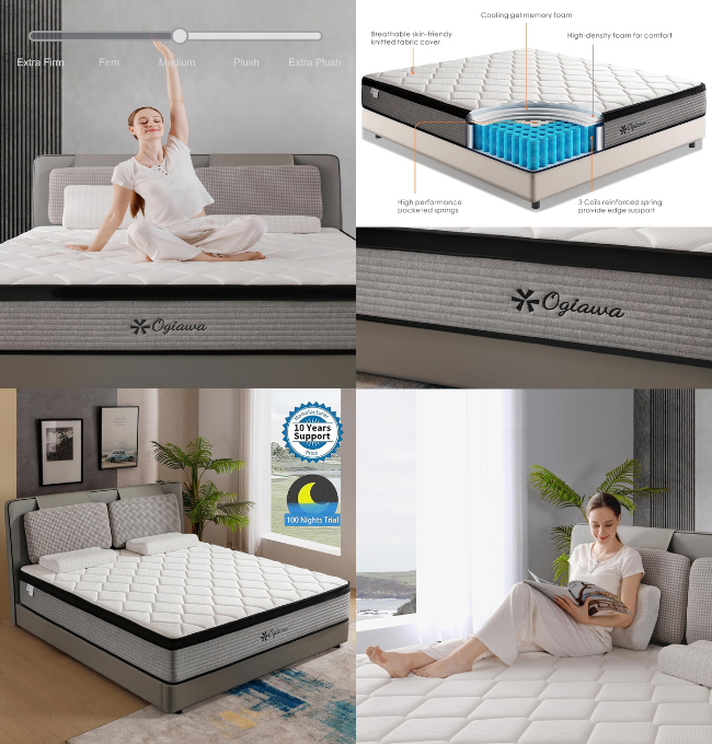 OGIAWA Full Mattress in a Box,10 Inch Full Mattresses,Gel Memory Foam Medium Firm Grey Hyrid Mattress,Quality Comfort and Adaptive Support Breathable Cooling Full Mattress,CertiPUR-US.