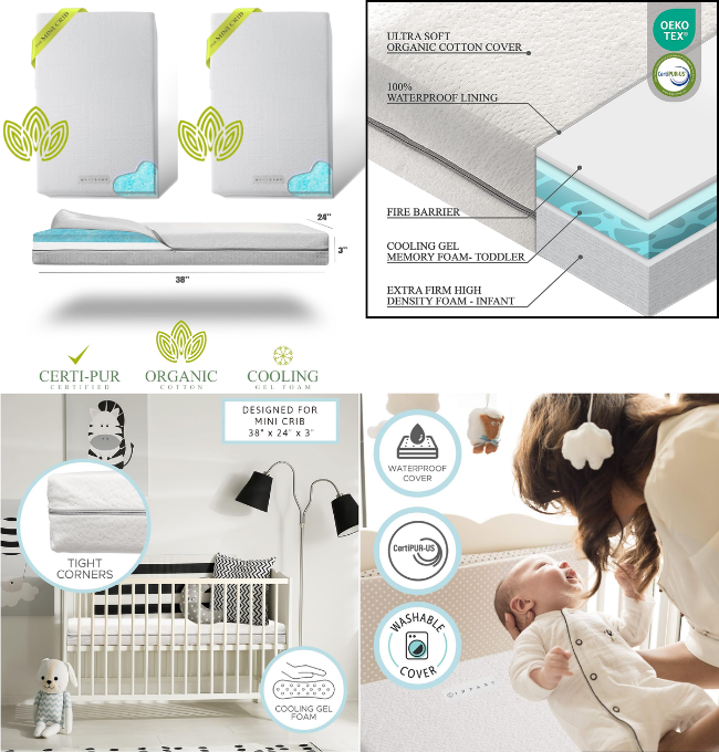 Organic Cotton Dual-Sided Crib Mattress | 2-Stage Premium Memory Foam CertiPUR-US Hypoallergenic Baby Mattress, Firm Support for Infant, Cooling Gel for Toddler, Waterproof & Washable Cover, 52x27x5.5