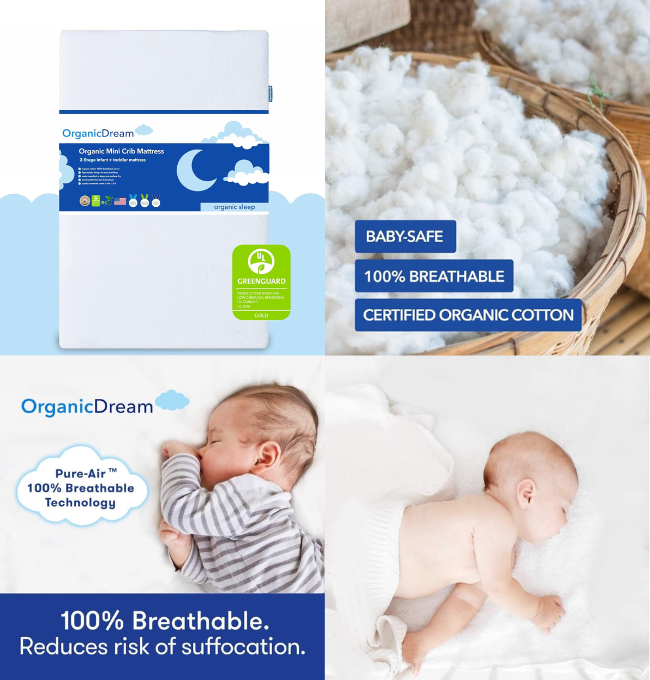 Organic Dream 5" Mini Crib Mattress - 100% Breathable Proven to Reduce Suffocation Risk - GREENGUARD I 2-Stage I Washable I Extra Firm Infant Side and Plush Toddler (38x24x5) - Deluxe 5" Thick
