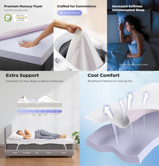 PERLECARE 3 Inch Gel Memory Foam Mattress Topper for Pressure Relief, Premium Soft Cooling Sleep, Non-Slip Design with Removable & Washable Cover, CertiPUR-US Certified - Queen