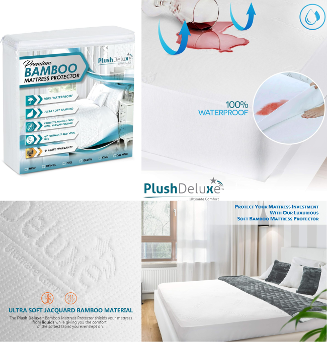 PlushDeluxe Premium Bamboo Mattress Protector – Queen Size, Waterproof, & Ultra Soft Breathable Noiseless Washable Bed Mattress Cover for Comfort & Protection - White