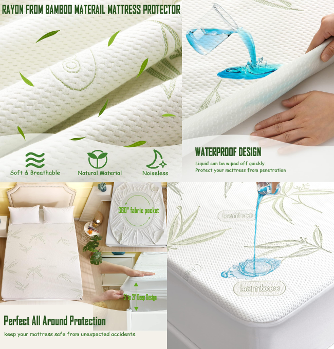 Queen Size Waterproof Mattress Protector, Premium Cooling Viscose from Bamboo Mattress Pad, Breathable, Noiseless, Cooling & Machine-Washable Bed Cover with 21