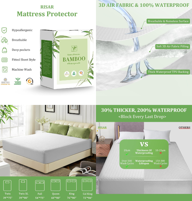 RISAR King Size Bed Waterproof Mattress Protector - Cooling Water Proof Mattress Cover for Kids, Breathable Mattress Pad Cover Washable, Wetting, 8''-21'' Extra Deep Pocket