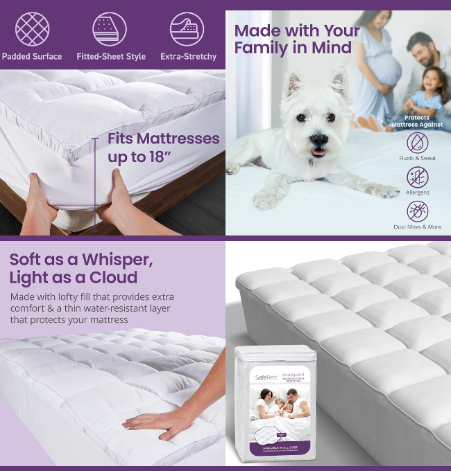 SafeRest CloudGuard - Queen Size Hybrid Mattress Protector & Pad (Extra Padded) - 100% Waterproof Quilted Pillow Top Mattress Cover - Thick, Plush & Fitted Mattress Topper for Bed