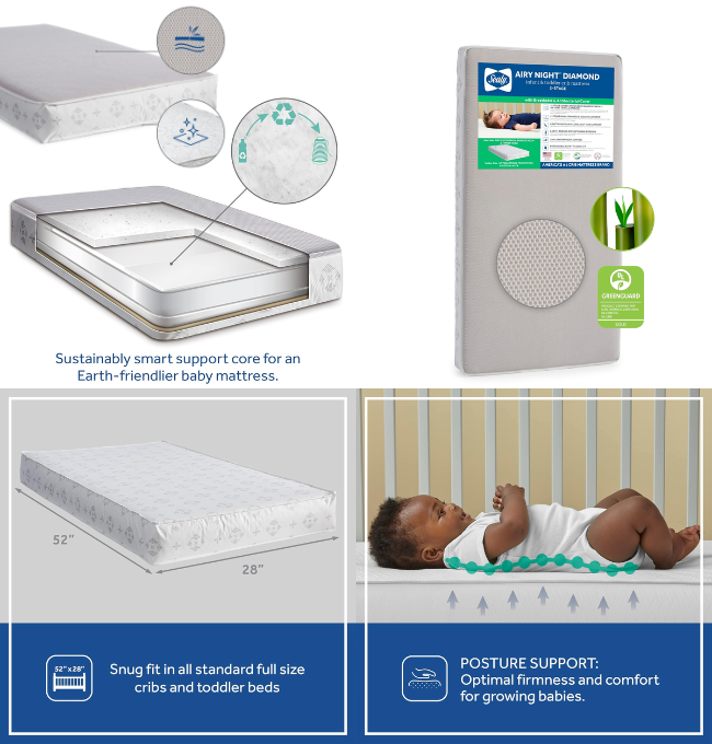 Sealy Airy Night Breathable Hypoallergenic 2-Stage Dual Firm Crib Mattress, 2-Sided Mesh and Antibacterial Baby Crib Mattress & Toddler Bed Mattress, Sustainable, Certified, Made in USA, 52