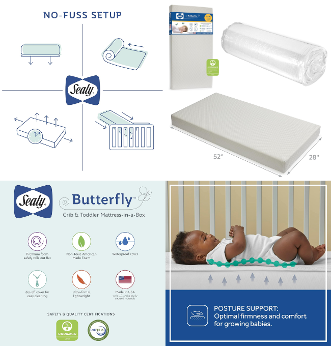 Sealy Butterfly Breathable Premium Foam Baby Crib Mattress & Toddler Bed Mattress, Washable Cover, Waterproof Crib Mattress, American Foam GREENGUARD GOLD Certified for Safety, Made in USA, 52