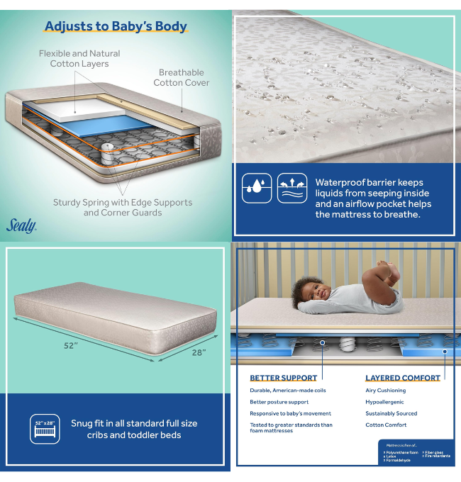 Sealy Baby Firm Rest Antibacterial 2-Stage Dual Firmness Waterproof Baby Crib Mattress & Toddler Bed Mattress, 204 Premium Coils, Medical-Grade Surface, Hypoallergenic, Made in USA, 52