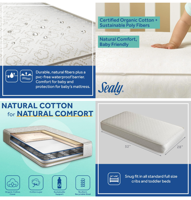 Sealy Nature's Haven 2-Stage Dual Firmness Baby Crib Mattress & Toddler Bed Mattress, Breathable Crib Mattress, Certified Organic Cotton, Extra Firm Coils, Air Quality Certified - Made in USA, 52