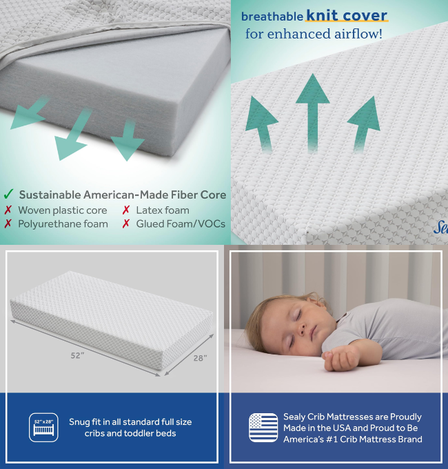 SEALY BABY OmniPedic Refresh Breathable 2-Stage Crib Mattress & Toddler Mattress, Removable Washable Knit Cover, Baby Mattress for Crib, GREENGUARD Air Quality Certified, Made in USA, 52x28 Inches