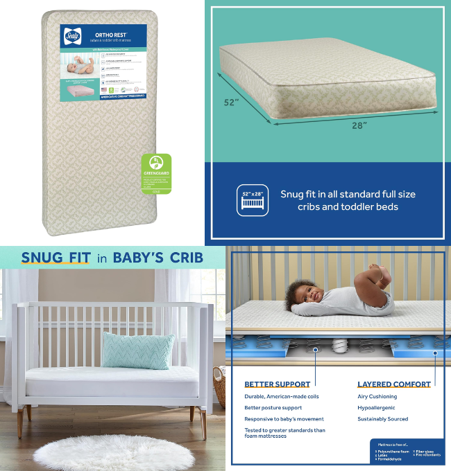 Sealy Ortho Rest Extra Firm Waterproof Baby Crib Mattress & Toddler Bed Mattress, 150 Premium Coils, Orthopedic Airy Comfort, GREENGUARD Air Quality Certified - Made in USA, 52