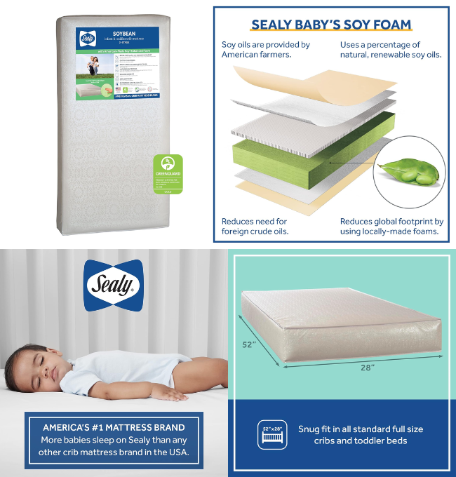 Sealy Soybean Premium Foam 2-Stage Crib Mattress & Toddler Bed Mattress, Waterproof Baby Mattress, Hypoallergenic Air Quality Certified, Lightweight, Made in USA, 52