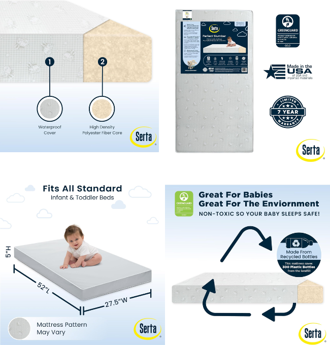 Serta Perfect Slumber Dual Sided Crib and Toddler Mattress - Waterproof - Hypoallergenic - Premium Sustainably Sourced Fiber Core -GREENGUARD Gold Certified (Non-Toxic) -7 Year Warranty - Made in USA