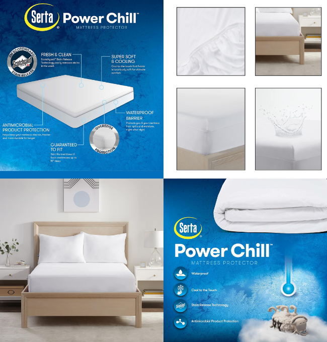 Serta Power Chill Queen Size Waterproof Mattress Cover, Soft and Breathable Cooling Mattress Protector, 15