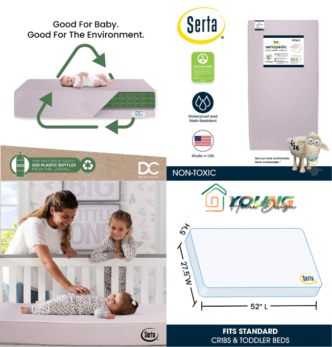 Serta Sertapedic Petals Dual Sided Premium Recycled Fiber Core Crib and Toddler Mattress - Waterproof - GREENGUARD Gold Certified - Trusted 7 Year Warranty - Made in USA, Pink