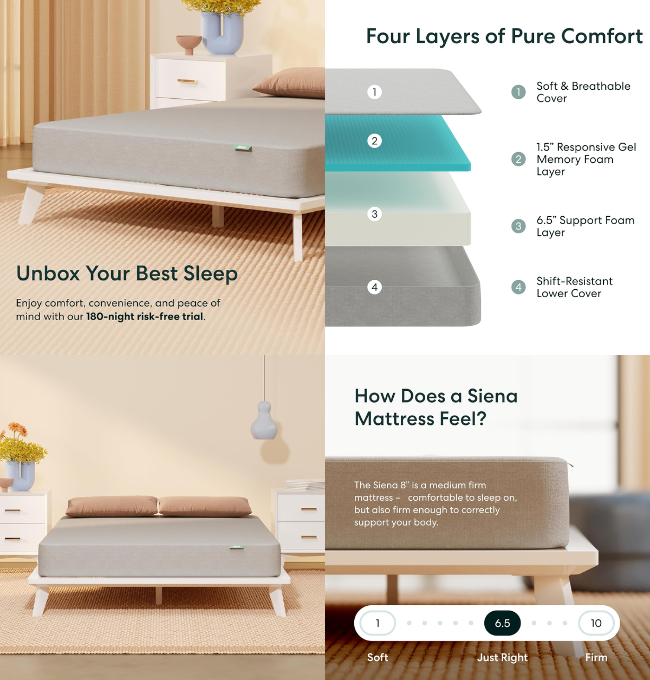 Siena 8” Full Gel Memory Foam Mattress - Medium Firm - 180 Night Trial - Premium Pressure-Relieving Layers - 10 Year Manufacturer Warranty - CertiPUR-US® Certified