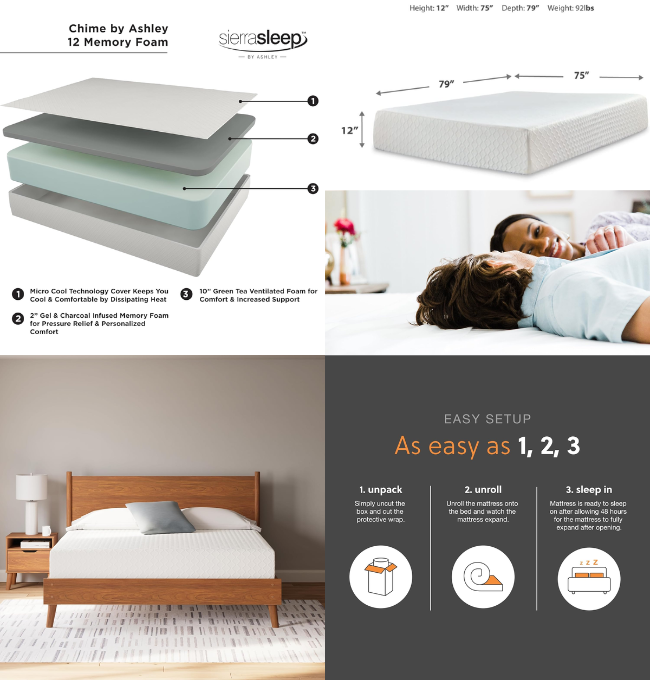 Signature Design by Ashley King Size Chime 12 Inch Medium Firm Memory Foam Mattress with Green Tea & Charcoal Gel