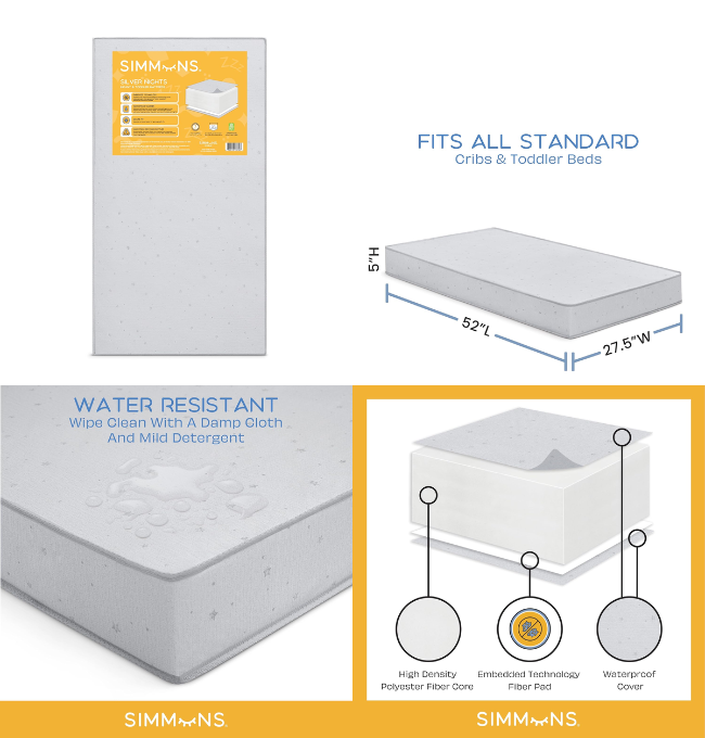 Simmons Kids Silver Nights Dual Sided 2-Stage Baby Crib Mattress and Toddler Mattress - GREENGUARD Gold – Waterproof - Sustainably Sourced Core Fiber Core, Grey