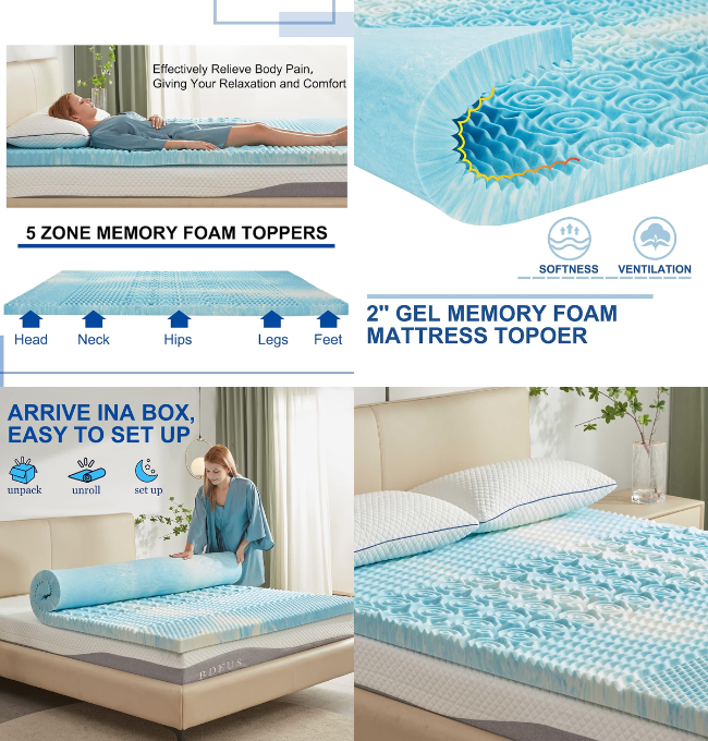 SINWEEK Mattress Topper Memory Foam Mattress Topper 2 Inch Queen Soft Mattress Pad for Pressure Relieve, 5-Zone Design, CertiPUR-US Certified