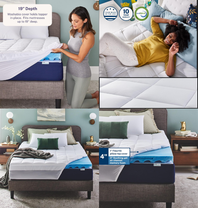 Sleep Innovations Dual Layer 4 Inch Memory Foam Mattress Topper, Queen Size, Ultra Soft Support, 3 Inch Cooling Gel Memory Foam Plus 1 Inch Fluffy Pillow Top Cover