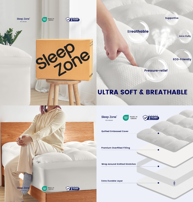 SLEEP ZONE Extra Thick Mattress Topper Twin XL for College Dorm, Ultra Plush and Soft, Deep Pocket (White, Twin XL)