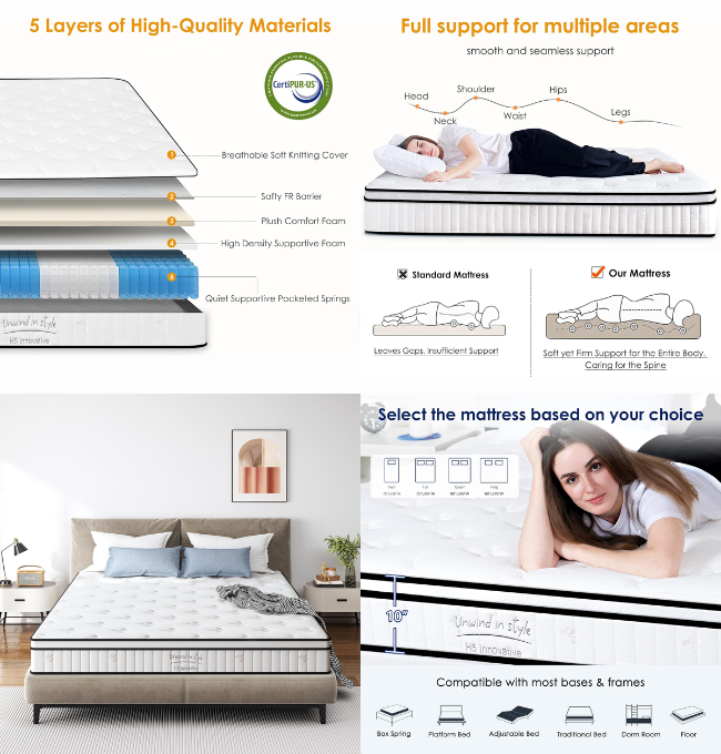 SogesSleep Queen Mattress, 12 Inch Hybrid Queen Mattress in a Box, Individual Pocket Spring Bed Mattress, Medium Firm Mattress for Pressure Relief, Strong Edge Support, CertiPUR-US & Fiberglass Free