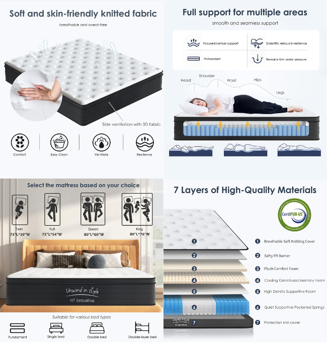 SogesSleep Queen Size Mattress 10 Inch Hybrid Mattress with Gel Memory Foam, Individual Pocket Spring Bed Mattress, Medium Firm Mattress for Pressure Relief, CertiPUR-US & Fiberglass Free