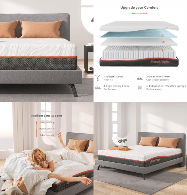 Sweetnight 12” Hybrid Mattress with Gel Memory Foam & Pocket Innerspring , Bed Mattress with Moisture Wicking Adaptive Cover, Medium Firm, White & Grey, Queen Size