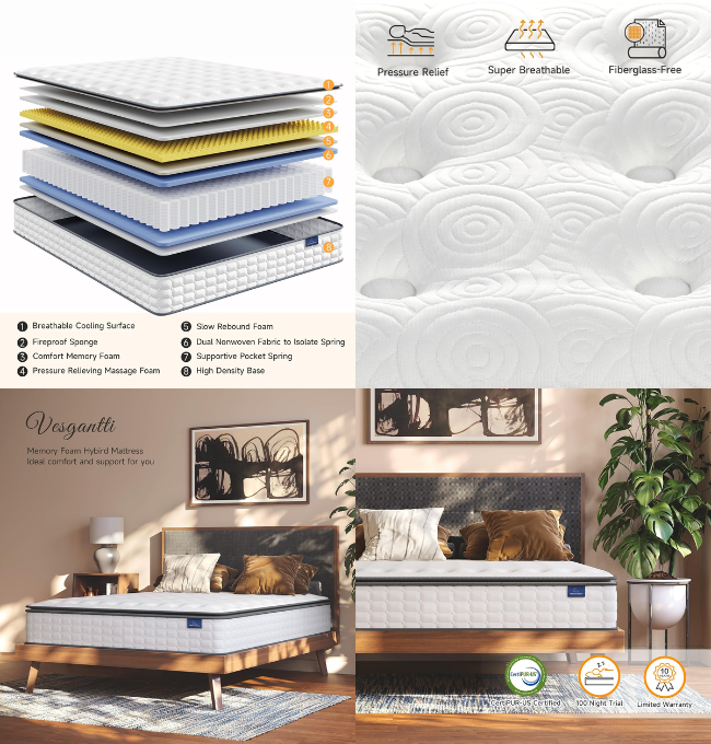 Vesgantti 12 Inch Hybrid Queen Mattress, Gel Memory Foam & Pocket Coils, Medium Firm, Plush Feel