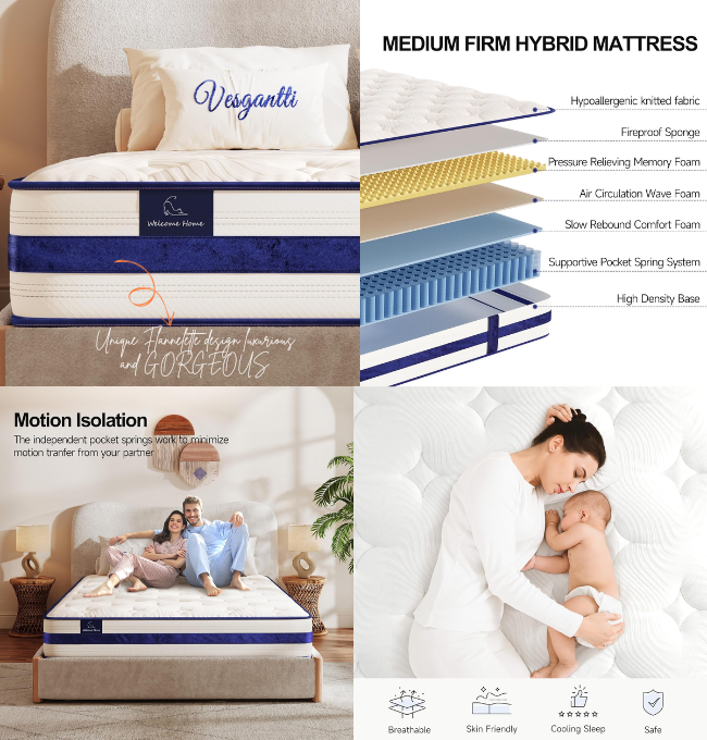 Vesgantti King Size Mattress, 12 Inch Hybrid Innerspring Mattress with Memory Foam, Support & Pressure Relief, Medium Firm Feel Mattress in a Box (76x80x12 Inches, King Size)