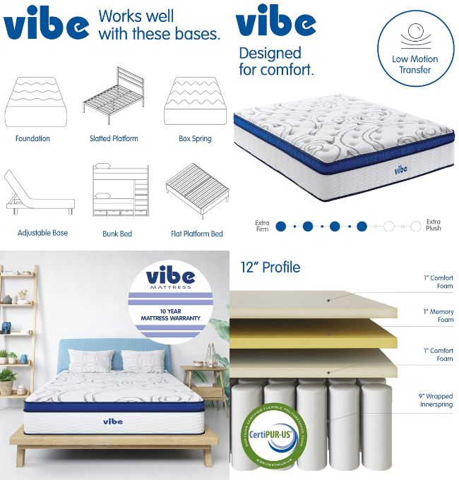 Vibe Quilted Hybrid Mattress, 12-Inch Innerspring and Pillow Top Gel Memory Foam Mattress, Fiberglass Free, CertiPUR-US Certified Bed in a Box, Queen