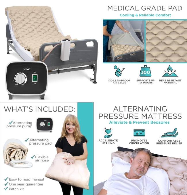 Vive Alternating Air Pressure Mattress Pad - The Original Bed Sore Prevention Solution - Hospital & Home Mattress Topper - includes Waterproof, Heat Resistant Ulcer Cushion Pad & Whisper Quiet Pump