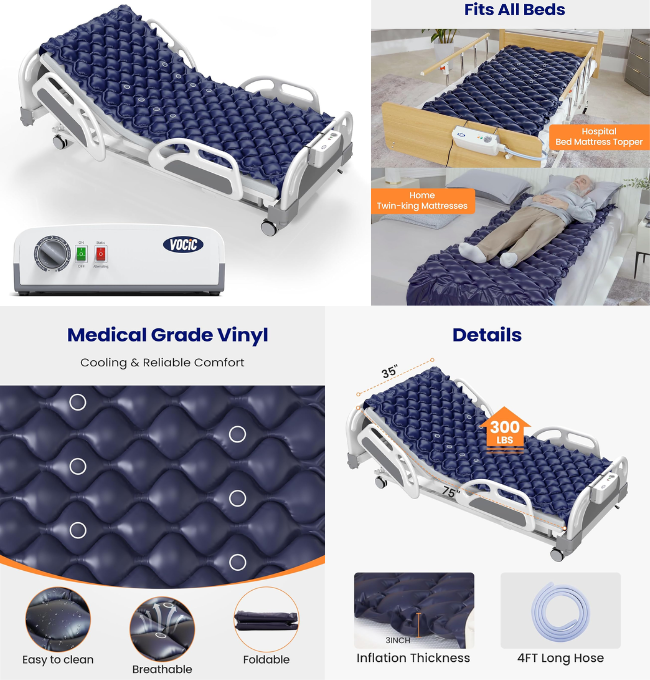 VOCIC Alternating Air Pressure Mattress Pad, Bed Sore Prevention Solution Mattress Topper with 6-setting Adjustable Pump, Waterproof Pressure Relief Ulcer Cushion Pad for Hospital Beds and Home Use