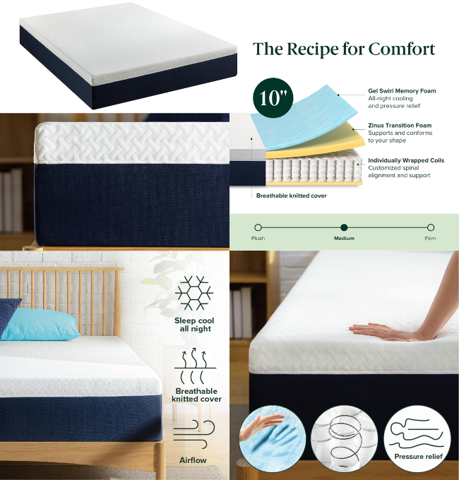 ZINUS 10 Inch Cooling Comfort Hybrid Mattress [New Version], Twin, Fiberglass free, Medium Firm Feel, Motion Isolation, Certified Safe Foams & Fabric, Mattress in A Box