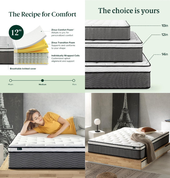 Zinus 12 Inch True Support Hybrid Mattress [New Version], King, Fiberglass Free, Medium Feel, Motion Isolation, Certified Safe Foams & Fabric, Mattress in A Box