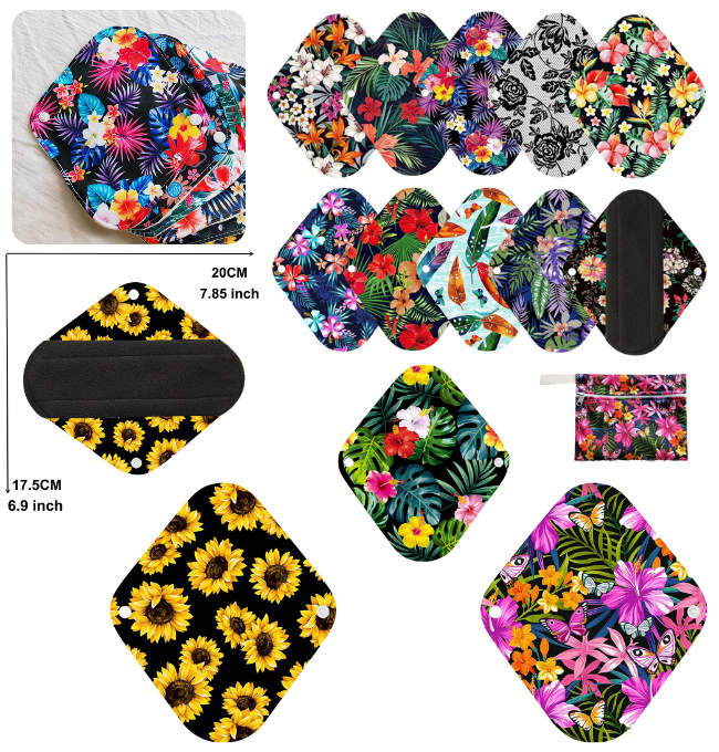 10 Pcs Reusable Menstrual Pad Set Including 1Pc Mini Wet Bag + 9Pcs Light Flow Daily Use Waterproof Mama Cloth Sanitary Napkin Pads Menstrual Pads (Panty Set, Panty Liner Bamboo Charcoal)