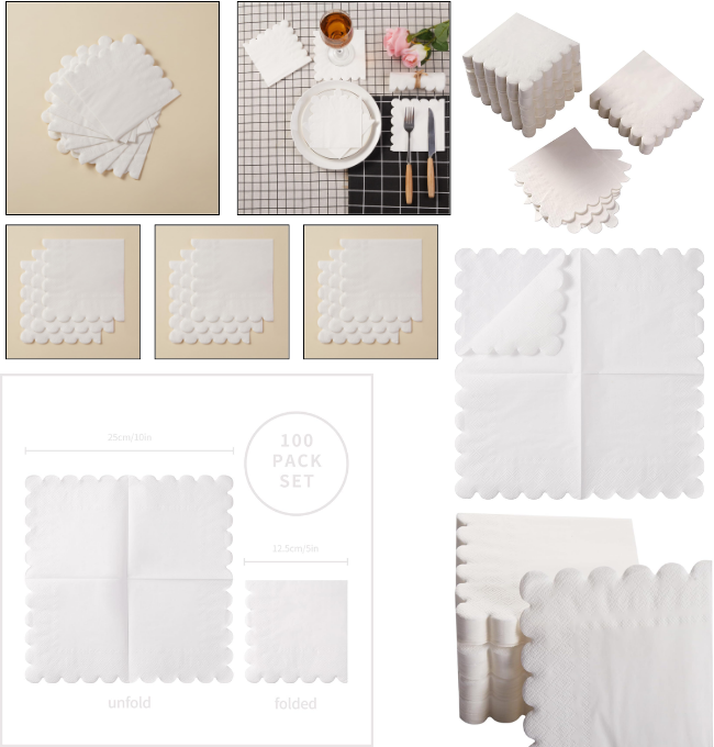 100 Pack Cocktail Napkin 2-Ply Scalloped Edged Dessert Napkins Folded 5 x 5 Inches Disposable Napkins for Dinner Wedding Birthday Party Bridal Anniversary Reception Event (White)