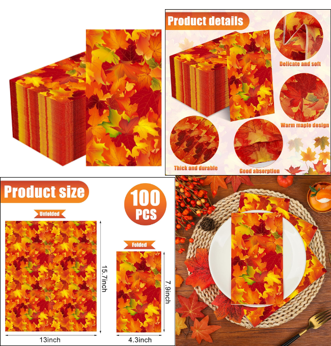 50 PCS Fall Leaves Paper Napkins Thanksgiving Disposable Guest Napkins 3-ply Maple Leaf Paper Hand Towels Harvest Decorative Dinner Napkin for Thanksgiving Autumn Wedding Birthday Party Supplies