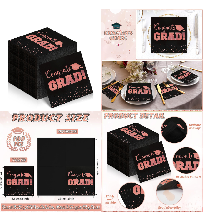 100 Pcs Graduation Napkins Party Decorations, Class of 2024 Congrats Gard Paper Cocktail Napkins, Black and Pink Foil Napkins Disposable for High School College Graduation Party Supplies, Black & Pink