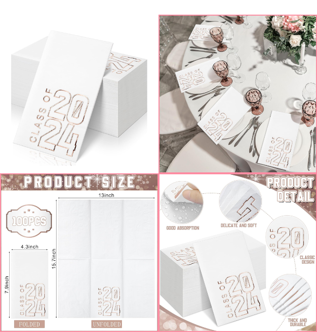 100pcs Class of 2024 Graduation Napkin Congrats Grad Napkins Disposable Paper Cocktail Napkins Hand Towels for 2024 High School University College Graduation Party Decorations (White Pink)